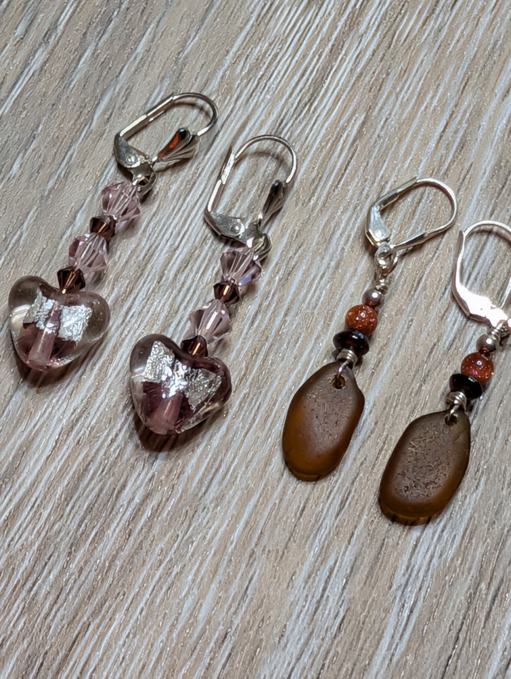 Handmade Pink Heart & Brown Sea Glass Dangle Earrings